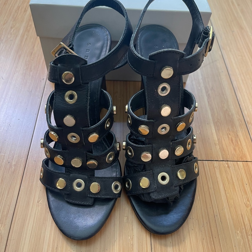 Sandro Black Leather Strappy wedges with gold rivets